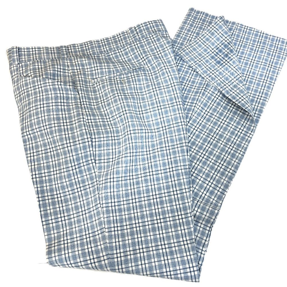 70’s Vtg Jaymar Disco Flare Blue White Plaid Leisure Pants 35” x 37”